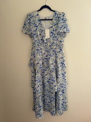 GRACE KARIN Women&rsquo;s Short Sleeve V Neck Layered Midi Dress White Blue Floral L
