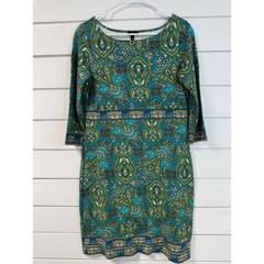 Talbots Womens Blue Green Paisley Sheath Dress 3/4 Sleeve Size 6 Stretch Jersey