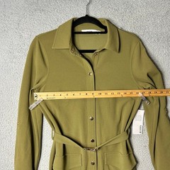 Justfab Dress Womens S Green Collared Long Sleeve Belted Dress Career NEW