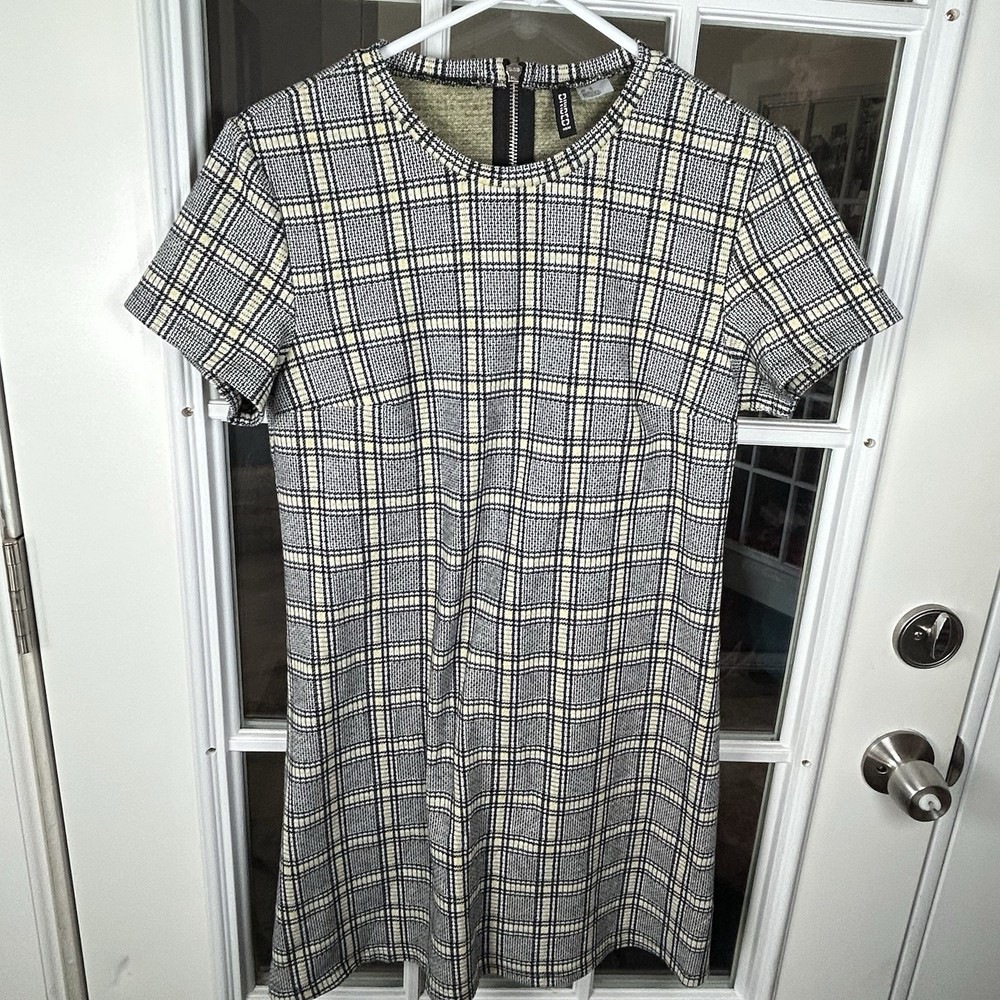 H&M Divided Black And Yellow Plaid Mini Dress Slim Fit Size 12 Ring Zipper