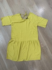 Eileen Fisher Yellow Solid V-Neck Tie Back Short Sleeve Shift Dress S/P