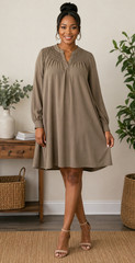 Banana Republic Dress Dk. Green Boho Smocked Shift Tunic Long Sleeve size: Large