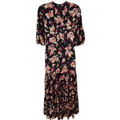 Kate Spade Floral Midi Dress S Black Multi Peasant Tiered Flowers Animals Flowy