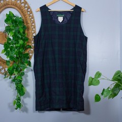 Green Plaid Wool Shift Dress Sleeveless Classic Preppy Vtg 14 | Dark Winter