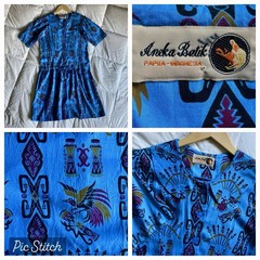 Vtg Aneka Batik Papuan Drop Waist Mini Dress M Blue Tribal Surf Bold Vibrant Art