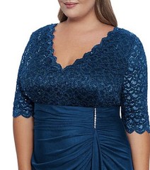 Betsy & Adam Woman’s Plus Size Ruched V-Neck Gown-Peacock, Size-22W