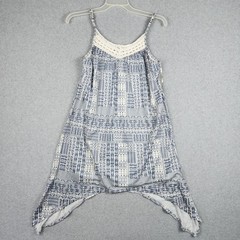 Three Pink Hearts Dress Womens Small Blue Geometric Boho Crochet Sharkbite Hem
