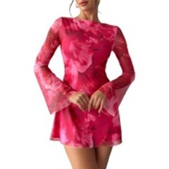 Milumia Womens Red Floral Mesh Long Sleeve Mini Dress NWT Size Large