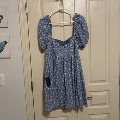 Lulus Fit To Frolic Eyelet Blue Puff Short Sleeve Babydoll Dress size XL NWT