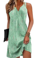 V-Neck Floral Printed Summer A-Line Elegant Dress, Mint Green, Size Small