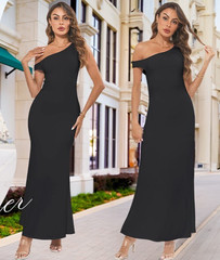Black viscose, MEROKEETY Shoulder Dress Cocktail Maxi Dress, Medium, Black Dress