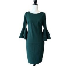 Calvin Klein 3/4 Ruffle Sleeve Zip Back Sheath Career Cocktail Dress SZ 6 Green