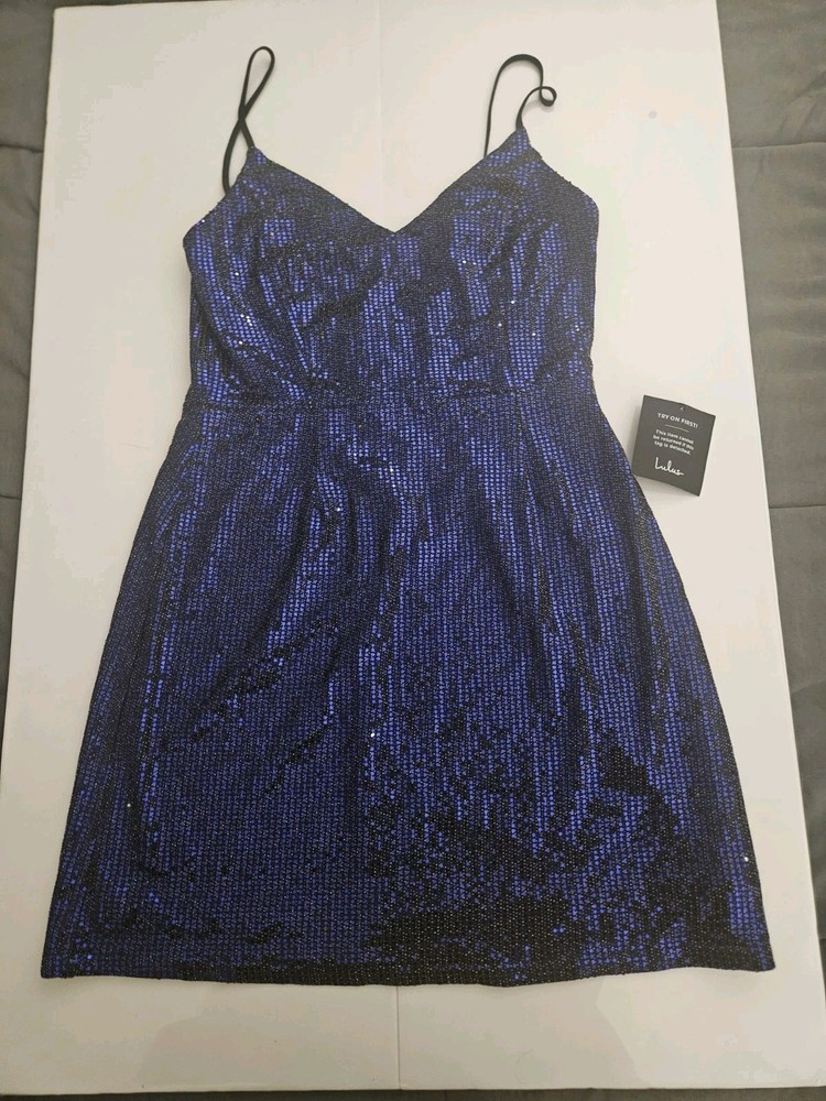 Lulus Navy Blue Sequin Bodycon Mini Dress Open Back crisscross hoco NWT