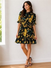 Gali Black Yellow Floral Ruffle Mini Dress – Size S