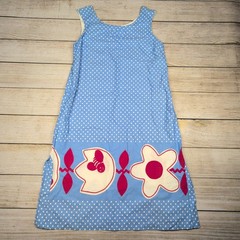60s 70s Blue White Polka Dot shift dress w Flower Bee Size Small