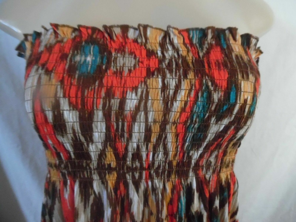 WHITE AQUA ORANGE BROWN GEOMETRIC LONG MAXI DRESS STRAPLESS ELASTIC TOP MEDIUM