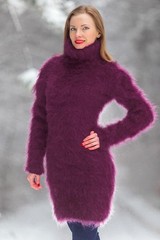 Purple longhair mohair dress turtleneck sweater fuzzy warm tunic SuperTanya S-M
