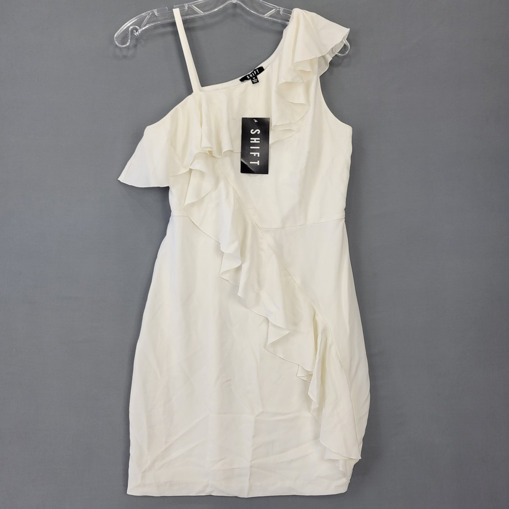 Shift Asymmetrical One-Shoulder Mini Dress Women Size Medium Cream Ivory Ruffles