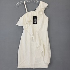 Shift Asymmetrical One-Shoulder Mini Dress Women Size Medium Cream Ivory Ruffles