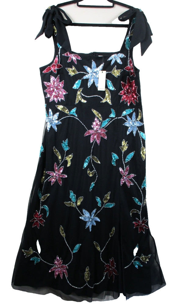 -NWT Oasis Floral Embellished Split Midi Dress Sequin Black Sz 14