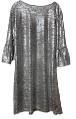 RUBY RD. Silver Metallic Look Sparkly Dress Large, Ruffles on Sleeve,Lightweight