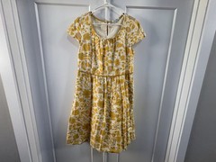 Boden womens SZ 10L 100% linen Yellow Green floral natual ivory Cap Sleeve Dress
