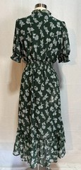 Ryan Michelle Green White Floral Midi Dress M V-Neck Short Puff Sleeve Ruffle