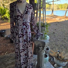 Honey Belle Brown Floral Maxi Dress Size Large Choker Neck Long Sleeve Boho