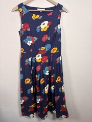 Seasalt Cornwall Merthen Dress UK 10 Blue Bold Floral Cotton Pleated Midi 50s