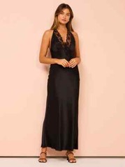 SIR Aries Black Romantic Sexy Lace Trim Plunging V-Neck Silk Halter Gown 3 = 8 M
