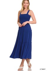 Plus/Reg Zenana Smocked top Tiered Midi Dress Rudy Navy Brown S M L XL 1X 2X 3X