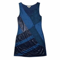 Ya Los Angeles Blue Patchwork Sleeveless Mini Dress with Sequin and Lace Accents