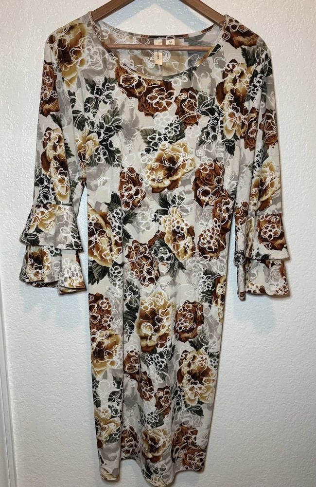 Tacera XL Floral Sheath Dress Bell Sleeve Stretch Knit Taupe Brown Midi