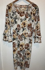 Tacera XL Floral Sheath Dress Bell Sleeve Stretch Knit Taupe Brown Midi