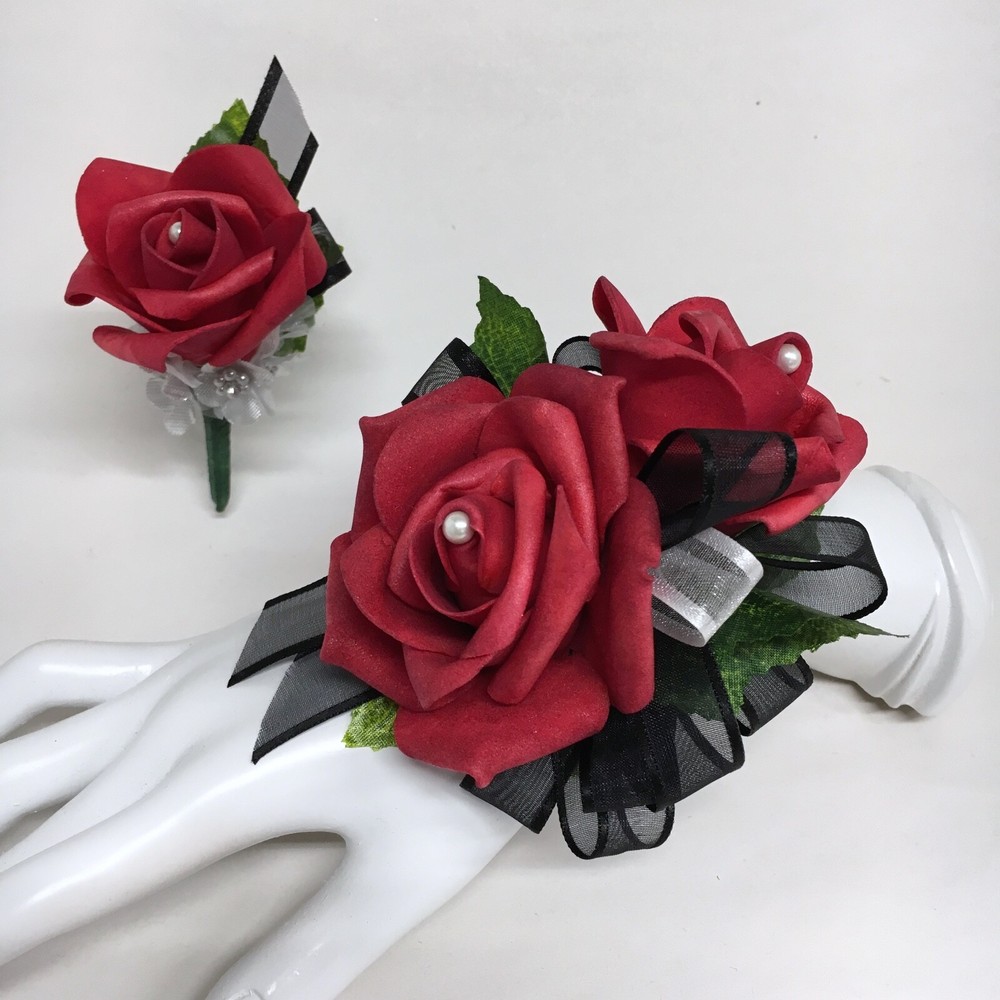 Double Red Rose on Black Wrist Corsage & Boutonniere Combo