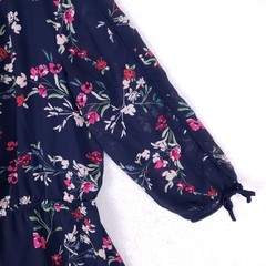 Maurices Womens XL Navy Blue Floral Chiffon Dress 3/4 Tie Sleeve Elastic Waist