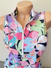 Boston Proper B Active Floral Polo Golf Dress 1/4 Zip Sleeveless S Tropical Palm