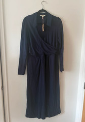 Boden Navy Wrap Midi Dress Collared Long Sleeve Cotton Modal Evening Size 14