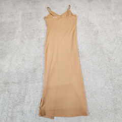 ACTIVE BASIC Button Slit Rib Cami Midi Dress Tan Large