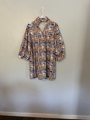 Geometric Print Dress, Short Stand Up Collar, V- Neck, 3/4 Balloon Sleeves