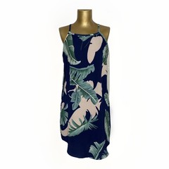 Women’s Blue Tan Green Casual Tropical Palm Leaf Halter Slip Dress Size Medium