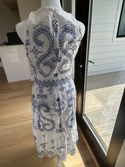 Tory Burch Mariana blue white embroidered maxi dress size 2 stains DEAL size XS