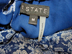 1. STATE Knee-Length, Tiered Dress, Blue Floral High-Collar, Keyhole Back Size M