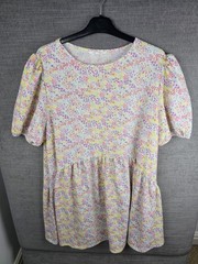 Primark White/Multi Ditsy Floral Drop Waist Short Puff Sleeve Dress XL 18/20