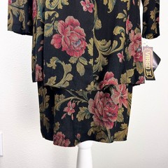 Vintage Virgo II Floral Jacquard Dress Black Gold Red Roses Puff Shoulder Sz 12