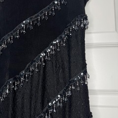 VTG Beaded Fringe Mini Dress Black with Lace Detailing Scoop Neck Sz Small