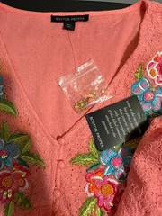 Boston Proper Coral Bohemian Dress V-neck Floral Beaded Embroidery Sz L NWT