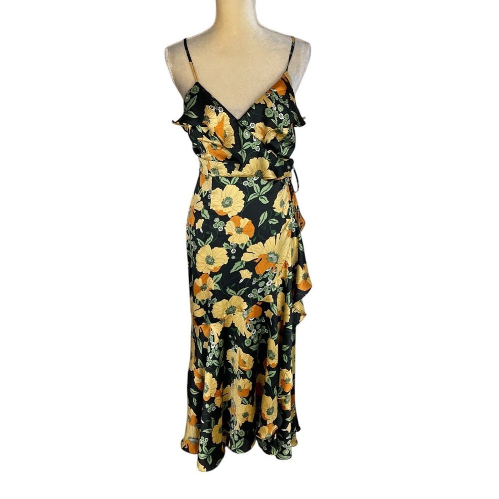Lulus Black Yellow Floral Ruffle Wrap Maxi Dress Spaghetti Straps Small