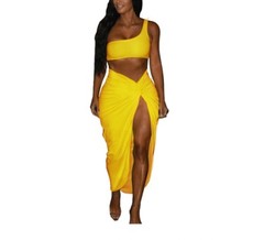 Women One Shoulder Skew Neck Crop Crop+Side Slit Irregular Midi Beach Skirt 2PC