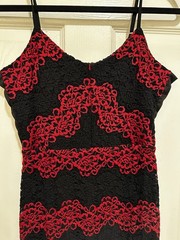 Dress The Population Women’s Bodycon Midi Dress XXS Black Red Lace V-Neck
